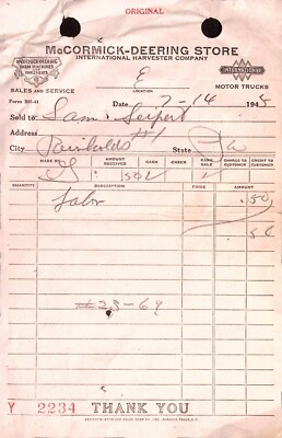McCormick-Deering International Harvester 1945 Receipt Reinholds PA Original