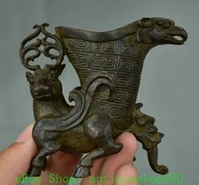 3.1'' Old China Pure Bronze Dynasty Sika Spotted Deer Bird Wine Cup Glass Statue