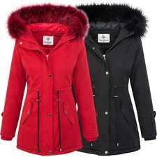 Damen Jacke Winterjacke Parka Kunstfell Kapuze gefüttert Mantel Damenjacke D-345
