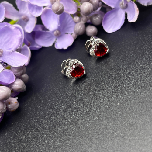 White Gold Finish Heart Cut Red Ruby Created Diamond Stud Earrings FREE GIFT BOX - Picture 3 of 9
