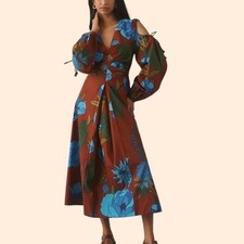 Farm Rio Long Sleeve V-Neck Midi Dress