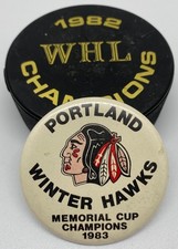 1982 WHL Champions Portland Winter Hawks Puck & Pin 1983 Memorial Cup