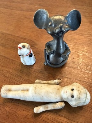 Vintage Hudson Pewter Mouse, Bisque Doll & Mini Porcelain Cat Figurine Lot