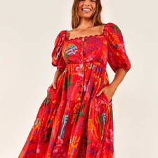 farm rio red good vibes puff sleeve midi dress size XS