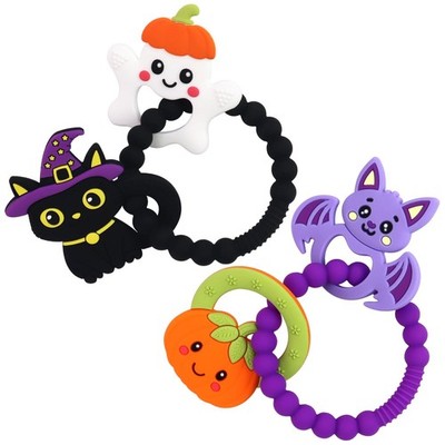 2 PCS Halloween Teething Ring Toys, Silicone Baby Pumpkin Ghost Teether