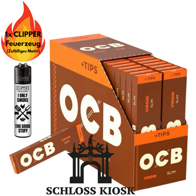 32 x OCB Unbleached Virgin Slim Paper + Tips 32 Blättchen + 32 Tips + Clipper