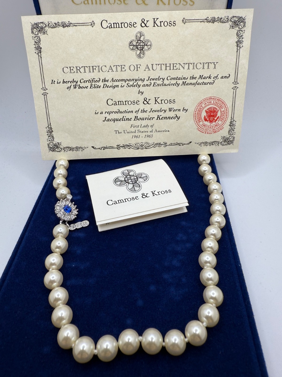 Vintage Camrose Kross JBK Kennedy Faux Pearl Blue Rhinestone Statement 20”