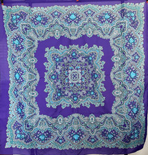 Large Ladies Scarf Silky Acetate Paisley Design Purple White Turquoise 44"x44"