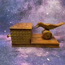 Vintage Carved Bird Wooden Cigarette Dispenser Novelty Box Mechanical-Works