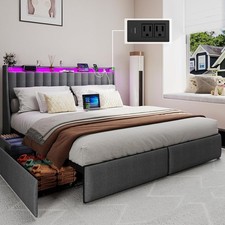 Full Queen Bed Frame with 4 Storage Drawers and Charging Station LED Lights