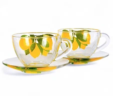 STPGOODS LEMON Glass Teacup and Saucer Set for 2 Persons