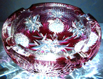 RARE - CAESAR CRYSTAL  THISTLE by SVARC Red Bowl Ashtray Hand Cut to Clear Czech