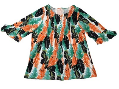 Tropical Leaf-Print Women s Blouse XXL Plus Size Flowy Boho Style Bell Sleeves