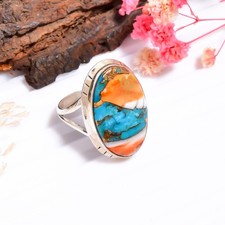 Orange Spiny Oyster Turquoise Ring 925 Sterling Silver Boho Rings Gift for Her.