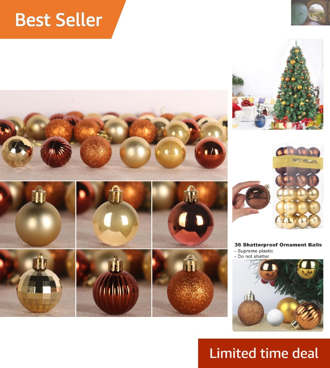 Luxurious Bronze & Gold 2.5” Shatterproof Ornaments - 36 Count for Festive Cheer