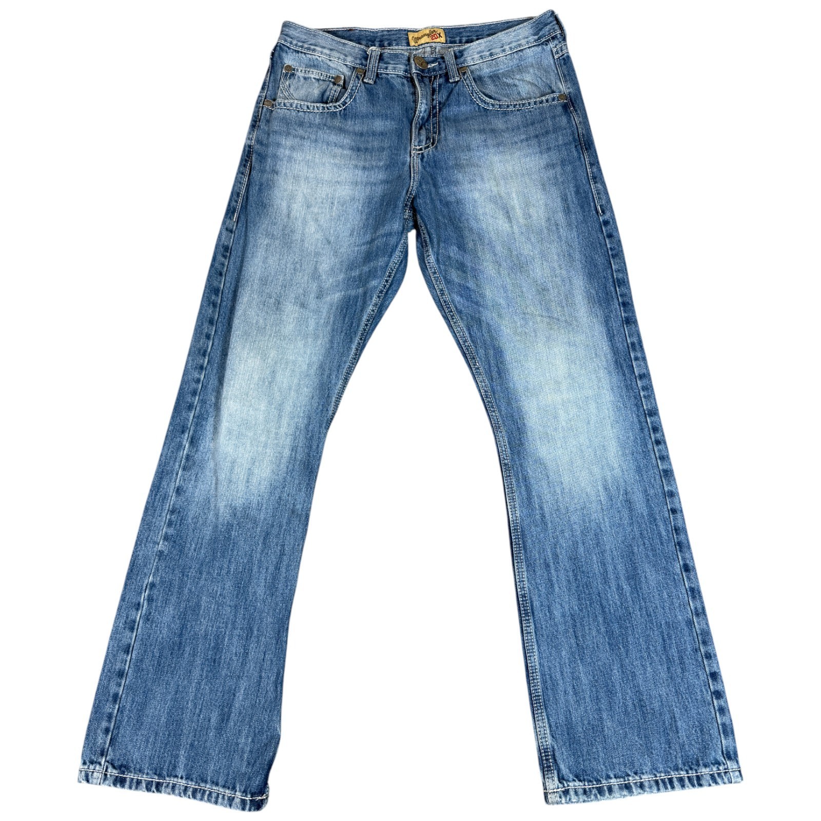 Men 33x32 (34x32) Blue Denim Cotton Stretch Logo Straight Le