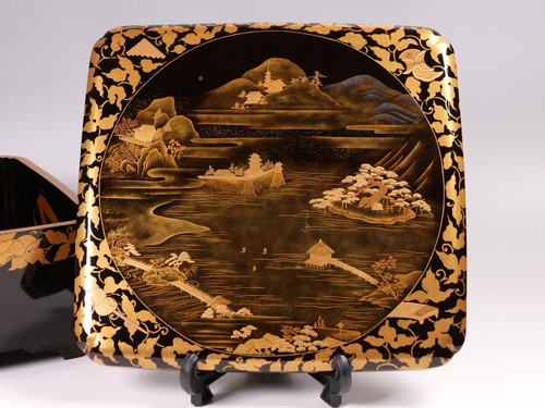 Japanese Lacquer Sweets Box 10inch Gold Pavilion Landscape&Instruments Meiji Era - Picture 5 of 24