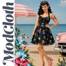 ModCloth Black Hearts & Roses Tiki Tropical Halter Mini Dress, Large, NWOT!