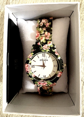 STRADA Black Flower Floral Pattern w Acrylic Link Band Watch. New UNUSED