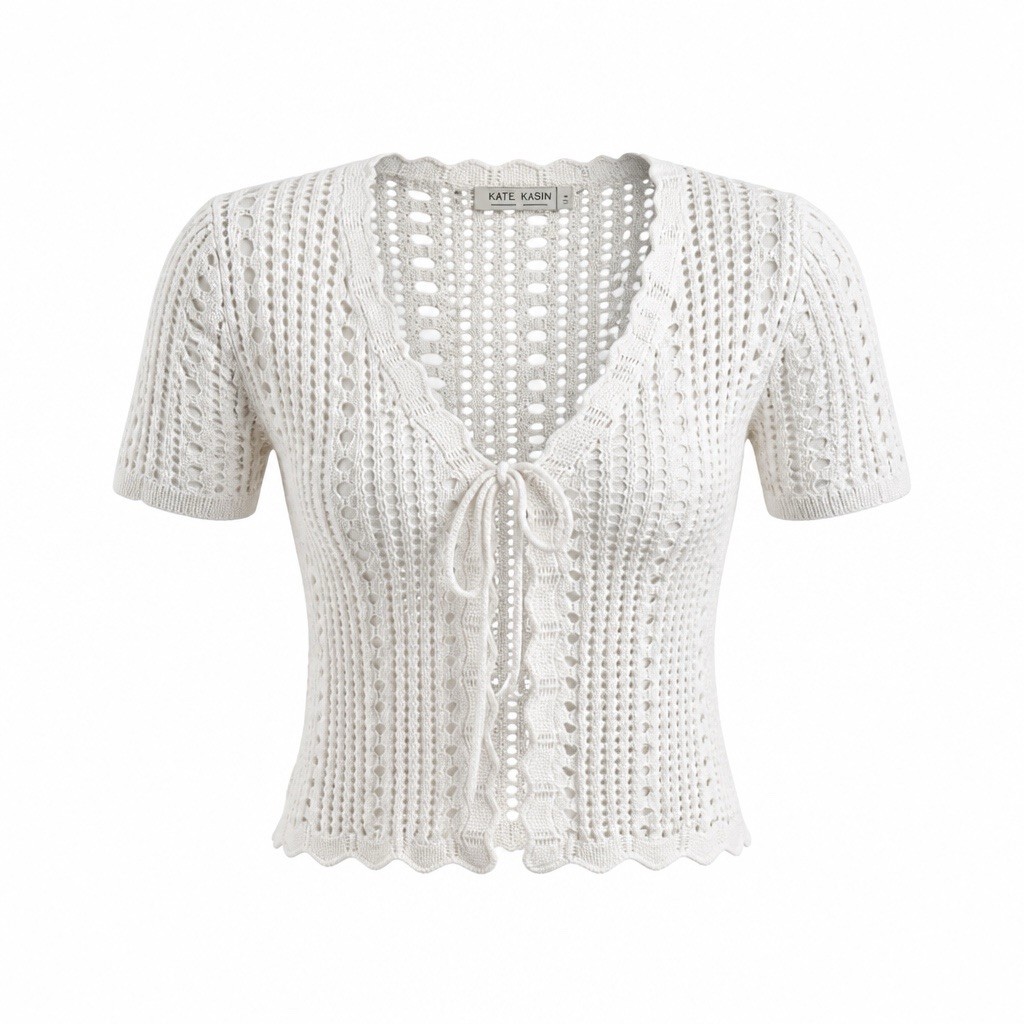NWT Kate Kasin White Open Knit Jacket Short Sleeve Scallop Hem Bolero L Arm