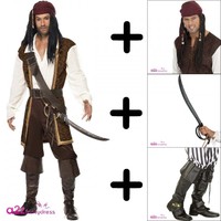 Mens High Seas Pirate Jack Adult Fancy Dress Costume + Wig + Sword + Bootcovers Mens High Seas Pirate Jack Adult Fancy Dress Costume + Wig + Sword + Bootcovers