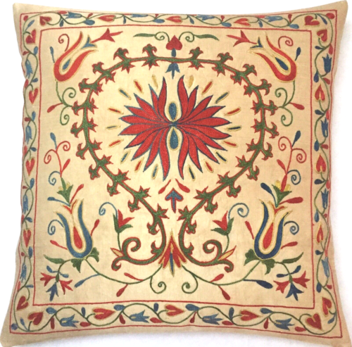 Uzbeki Suzani Embroidery Silk Pillow Vintage Cushion Bestickt Seide Kissen Beige - Bild 1 von 11