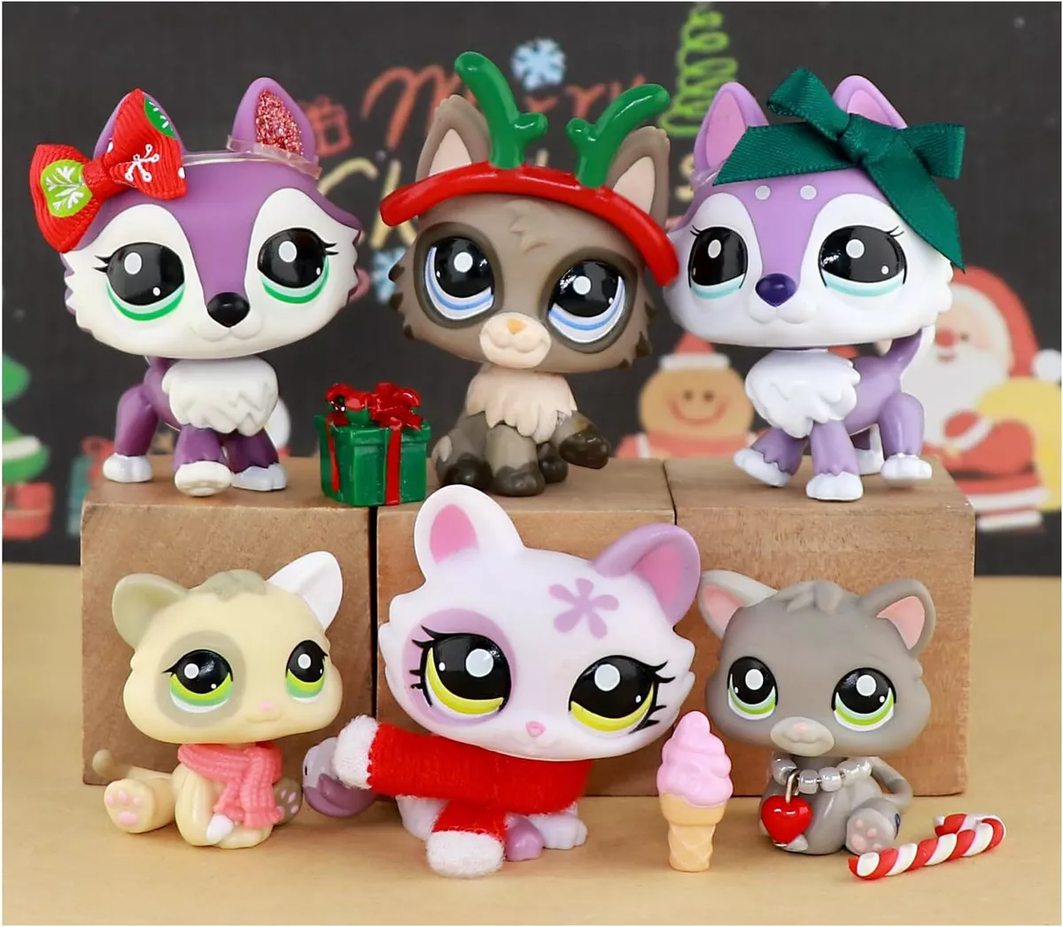 6lot Pet Shop LPS Xmas Toy Set, Rare lps with Christmas Accessories Kids  Gift