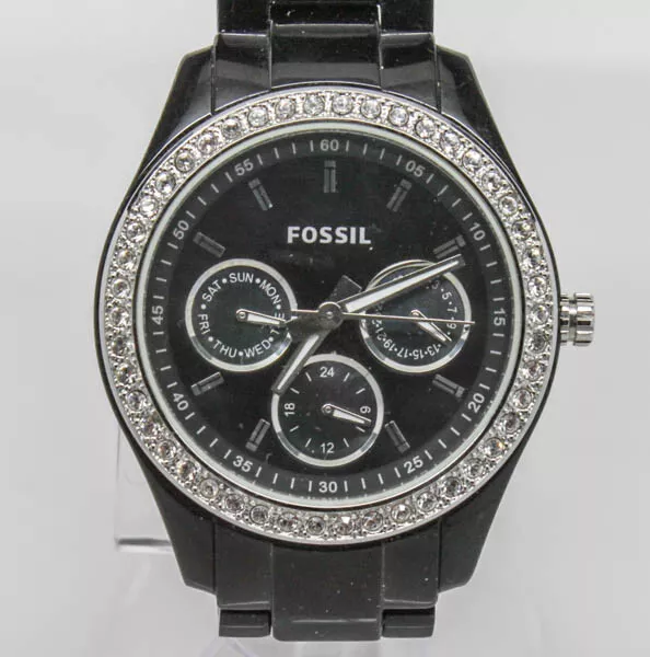 Fossil Black Glitz Womens Watch Crystal Case Surround Black Acetate Band