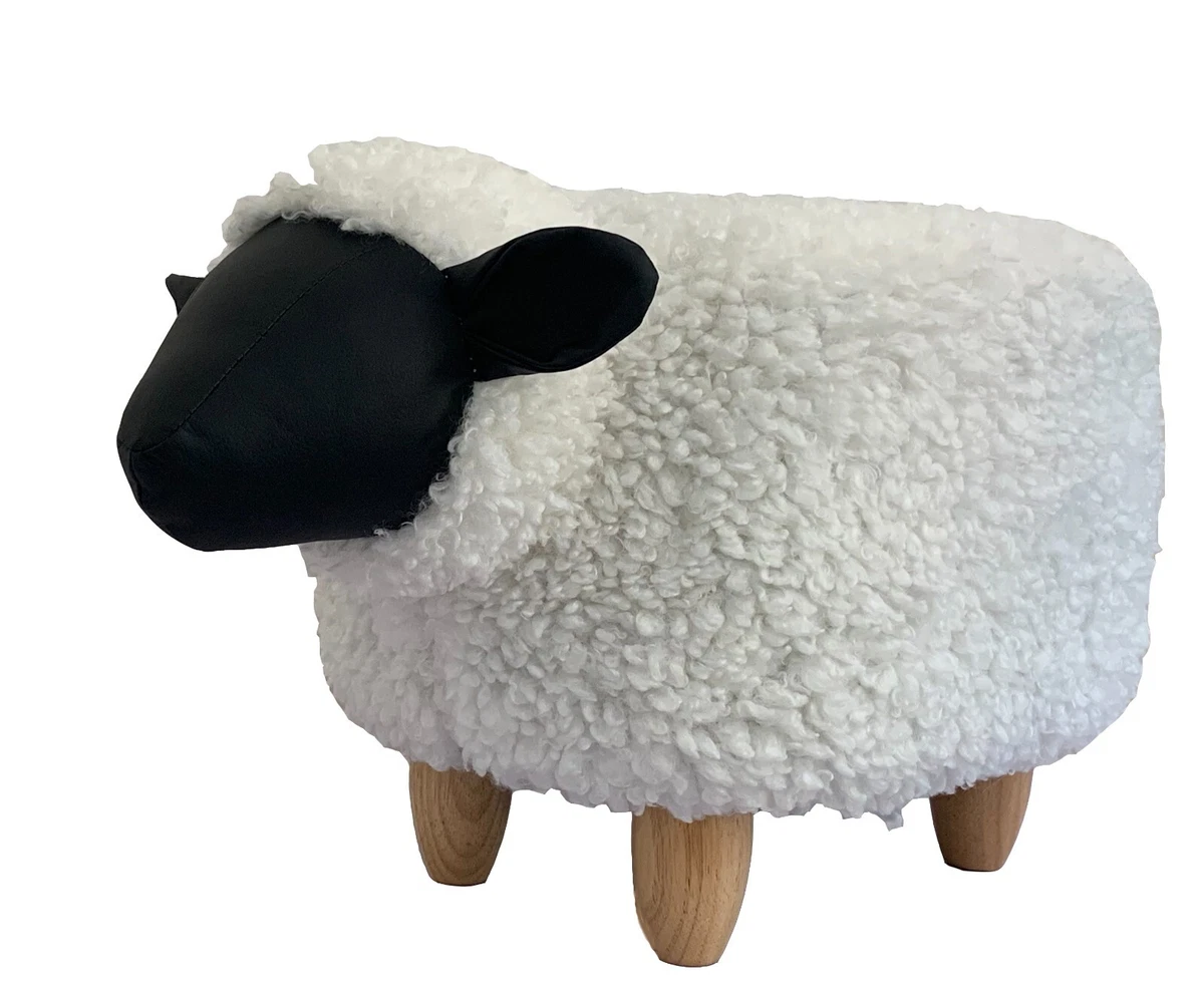 Snowflake the Sheep synthetic fur footstool with wooden legs