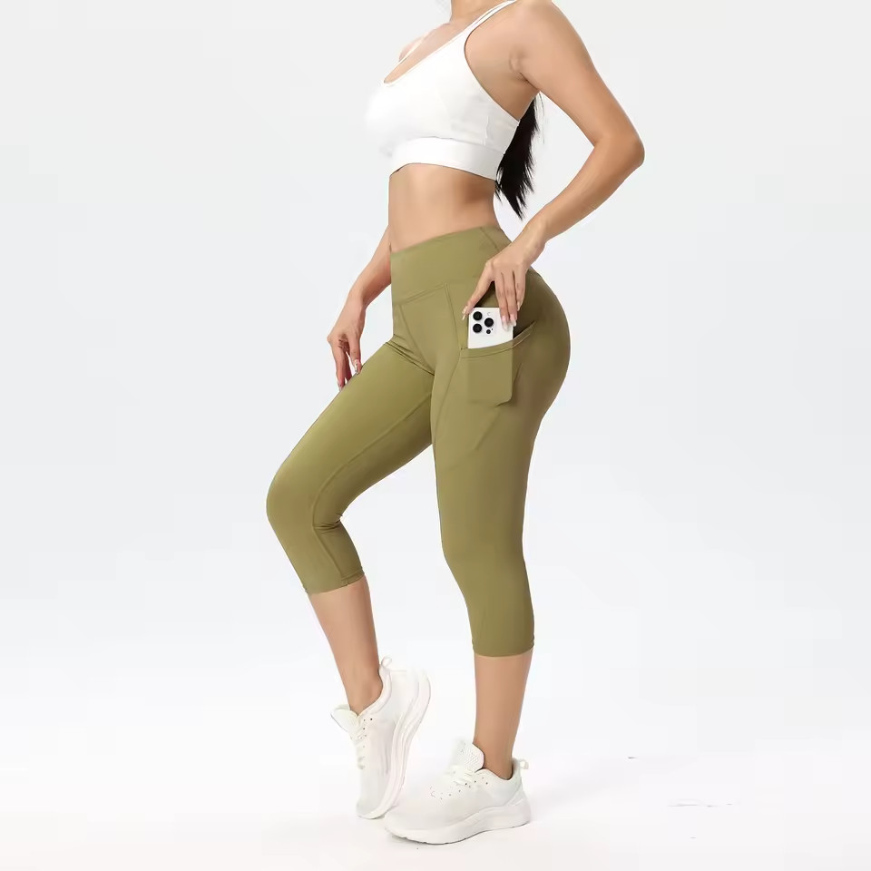 Legging capri fitness a vita alta da donna con tasche Pantaloni da ciclismo