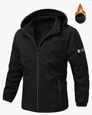 Men’s Fleece Lined Hooded Jacket Black Casual, Windproof With Pockets Rain 