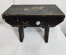 Primitive Old Folk Art Tole Painted Black Gold Wooden Milking Foot Stool Bench