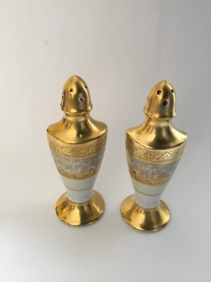 Vintage Set of 2 Japanese Salt & Pepper Shakers White Gold Trim