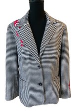 Focus Lifestyle Black White Houndstooth Blazer, Floral Embroidery, Lined, 14