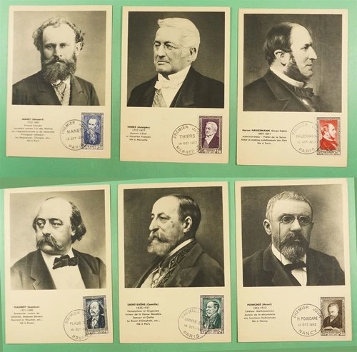 DR WHO 1952 FRANCE 6 FDC FAMOUS PEOPLE MAXIMUM CARD SEMI POST R22188