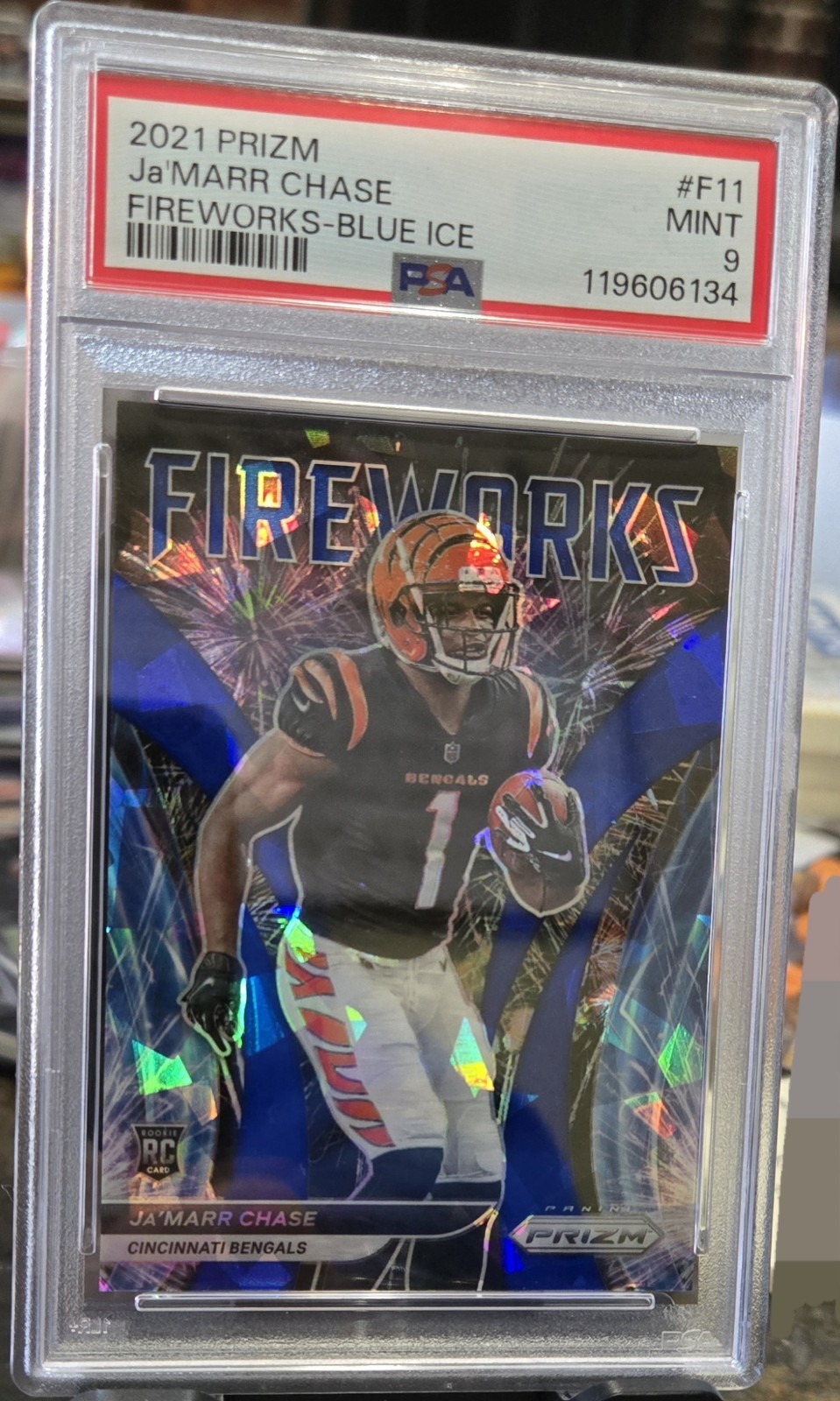 Ja'Marr Chase 2021 Prizm Fireworks Blue Ice RC /99 PSA 9