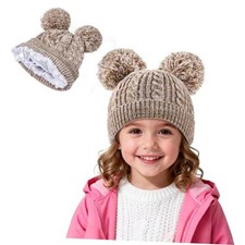 Satin Lined Toddler Winter Hat Warm Kids Knit Beanie 3-8 Years Two Tone Brown