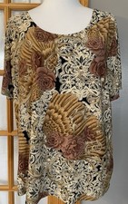 80s Susan Lawrence Floral Lux Top 2X Beige Brown Short Sleeve USA Made Classic