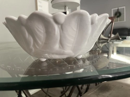 Vintage 1950s Milk Glass Bowl Indiana Glass Flower And Leaf , Footed, Large 9 In