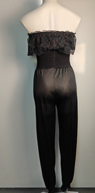 Vintage Small Black Nylon Strapless Harem Jumpsuit Smocked Bodice Lace Trim EVC
