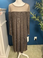 Macy’s Brown Sequin Midi Dress Sheer Yoke Round Neck Long Sleeve Solid