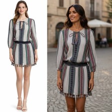 Alice + Olivia Jolene Embroidered Drop Waist Dress Grey Multi Sz 6 Peasant Tunic