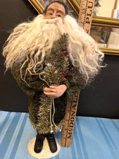 K&K Interiors OLD WORLD Santa Candy Container with Green Coat Holding Tree NEW