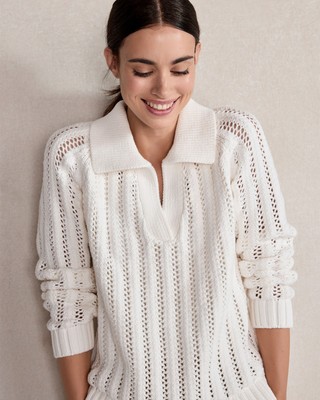 Haven Well Within Open Stitch Collar Pullover Cotton Blend Knit White Sweater XS