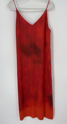 Massimo Dutti Red Ombre Print Flowing Midi Dress V-Neck Size Large