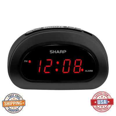 Sharp Compact Digital Alarm Clock, 0.6'' Red LED Display, AC Power, Battery Backu