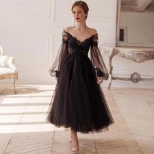 A-line Black Evening Dresses Lace Appliques Tulle Formal Party Gowns Tea Length