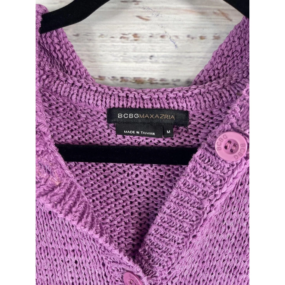 BCBGMAXAZRIA Sweater Women's Medium Purple Hooded Button Cardigan Crochet Hem - Image 4 of 4