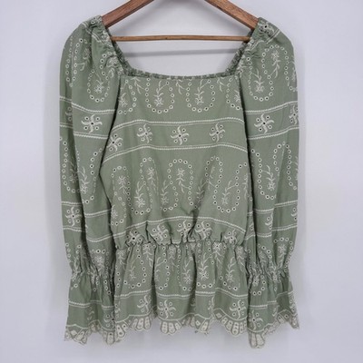 Cato Green Eyelet Embroidered Boho Blouse Square Neck Peplum Small Cottagecore