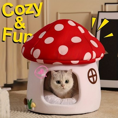 Cute Cat Cave Bed Plush Cozy Hideaway for Indoor Cats